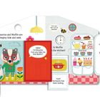 Text: Maurice und Muffin spielen Verstecken. Hello! I’m Maurice. Can you help me find Muffin? Illustration: Dachs Maurice in Brille.
