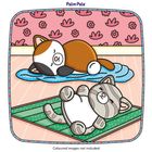 "Palm Pals" steht oben. Zwei Zeichentrick-Katzen schlafen auf bunten Decken, mit einer rosa Wand im Hintergrund.