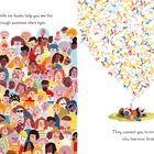 Links: "Uncle Steve tells me books help you see the world through someone else's eyes." Rechts: Viele bunte Gesichter und Figuren.