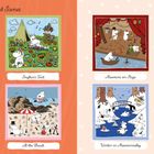 "Completed Scenes": Illustrationen der Mumins in verschiedenen Szenen, z.B. Gartenarbeit, auf einer Bühne, am Strand, im Schnee.
