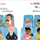Links: Text über Kinder im Bus, die auf und ab gehen. Rechts: Ähnlicher Text. Illustration von spielenden, lachenden Kindern und Erwachsenen im Bus.