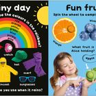 "Rainy day" zeigt einen Regenbogen mit Farben und Regentropfen. Links Regensachen. "Fun fruits" hat Früchte und ein Kind.
