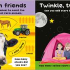 "Farm friends: Spin the wheel to count the different farm animals. Twinkle, twinkle: Can you add stars to the sky?"