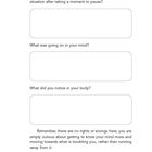 Texte: "Make some brief notes...to pause?", "What was going on in your mind?", "What did you notice in your body?", "Remember....away from it." Zwei leere Boxen zum Schreiben von Notizen. Seite 54, "Ten to Zen".