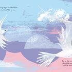 Links Text: Der Mondkönig schlief, Sternvogel suchte sein Zuhause. Rechts Text: Erste Nachtsterne warnen Sternvogel. Illustration zeigt fliegende weiße Vögel und Wolken auf buntem Himmel.