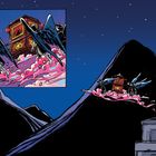 Illustration: Zwei geflügelte Wesen tragen eine Kutsche auf rosa Wolken am Nachthimmel vor einem Berg. Ein Haus ist sichtbar.