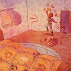 Text: "I wake in the morning to horse hooves dancing in my head. A bright, happy clatter that shakes me from bed."

Beschreibung: Eine Illustration zeigt ein Kind im Bett, ein Hund spielt fröhlich und jemand klingelt mit einer Glocke.
