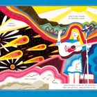 Texte: "Joni is stardust.", "Joni is the hissing of summer lawns.", "Joni is clouds.", "Joni is blue."

Illustration: Bunte Darstellung einer Frau mit Gitarre unter Sternenhimmel.