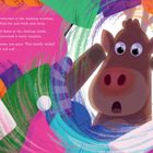 Text erzählt von Rudolphs Überraschung über Santas Anzug. Illustration zeigt ein Rentier, das in eine Waschmaschine blickt.