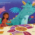 Eine Illustration zeigt Menschen und Drachen, die für Diwali Rangolis mit Sand gestalten. Lampions hängen darüber.