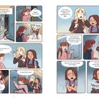 Links: "I haven't told anyone the real reason for being absent the past few weeks."

Rechts: "Not much. Someone lit the bathroom garbage on fire again."

Drei Mädchen stehen in einem Schulflur und unterhalten sich.