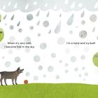 Text: "When it's very cold, I become hail in the sky." "I'm a hard and icy ball!"
Illustration: Bäume, Vögel, ein Hund und ein Eichhörnchen.
