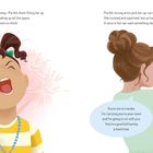 Links Text: "And the scary feelings..." Rechts Text: "Pia felt strong arms..." Unten rechts in der Sprechblase: "You're not in trouble...". Illustration eines Mädchens mit Zöpfen, das schreit, und einer Person, die sie hochhebt.