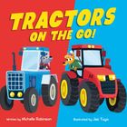 "TRACTORS ON THE GO!" Zwei bunte Traktoren mit Tieren, links ein blauer, rechts ein roter, fröhliche Szene.