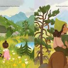 Links: "The mountain had been there as long as she knew." Rechts: "She'd been told it had started out small and then grew." Zwei Szenen zeigen eine Familie in einer grünen, bergigen Landschaft.