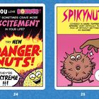 Links: Bunter Text über "Danger-Nuts", "Do you love donuts?" 
Rechts: "Spikynut! Hard toffee spikes!" Illustration mit stacheligem Donut.