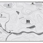 Text: "The Bonfire, The Firetower, The Waterfall, The Cabin, White Mountain, Silver House, Angel Lake, Black River, The Clearing."

Der Text ist Teil einer gezeichneten Karte mit topografischen Linien.