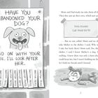 Zwei Textseiten: Links ein Poster mit „HAVE YOU ABANDONED YOUR DOG?“ und abtrennbaren Zetteln „YOU'RE WELCOME“. Rechts eine Geschichte über einen gefundenen Hund. Illustration: Ein Junge liegt auf dem Boden.