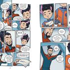 Eine Comic-Sequenz mit einem Gespräch zwischen zwei Personen in Raumanzügen. Themen sind Adoption, Astronauten und Familienverbindungen.
