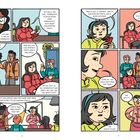 Eine Comic-Szene mit Schülern, die über unterschiedlich formatierte Notfallnachrichten diskutieren. Hauptthema: Luftqualitätsflaggen.