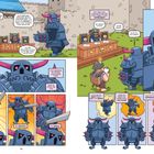 Ein Comic mit einem gepanzerten Charakter namens Emma. Sie zögert vor einem Richtertisch, gefolgt von Bewegungen mit einem Schwert.