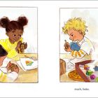 Text: „Roll, shape, smooth, mark, bake, spin!“ Illustration von spielenden Kindern mit Knete und einem Kreisel.