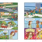 Eine Illustration zeigt Kinder, die eine Straße überqueren. Sie diskutieren über ein Filmset und sind begeistert.