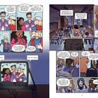 Comic mit Dialogen: Eine Figur spricht über "Lights" und "soulmates". Schüler im Klassenzimmer schauen ein Video.