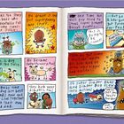Comic über Superwindel-Baby, das Superkräfte durch Saft erhält. Ein Hund trinkt auch, wird super. Bösewicht plant Schlechtes.