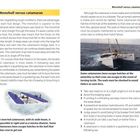 Der Titel lautet "Monohull versus catamaran". Text beschreibt die Unterschiede und Eigenschaften beider Bootstypen. Gegenstände sind zwei Bilder: eines zeigt ein Segelboot auf dem Meer, das andere ist eine Illustration eines umgekippten Katamarans im Wasser.