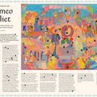 Text: "THE WORLD OF ROMEO and JULIET", "For never was a story of more woe Than this of Juliet and her Romeo."

Beschreibung: Eine bunte Illustration mit Szenen und Charakteren aus "Romeo und Julia", nummeriert zur Erläuterung.