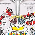 Text: "Geraldine should NOT have done it. She just couldn't help herself." "Geraldine KNEW...AND BLEW, AND BLEW!"

Illustration: Kinder in Partyhüten, ein Kuchen mit brennenden Kerzen, Luftballons. Geraldine bläst die Kerzen aus.
