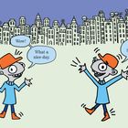 Links: „Wow! What a nice day.“ Rechts: „I am SO happy!“ Illustration: Zwei fröhliche Figuren vor einer Stadtlandschaft.