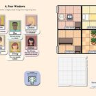„4. Four Windows“, Hinweise: Antonio war in einer Ecke, Chelsea vor einem Fenster, Ben auf einem Stuhl, Dahlia nicht an einer Wand, Emmy neben einer Pflanze, Valeria war im letzten freien Raum. Rechts daneben: Grundriss eines Hauses.