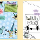 Buchillustration mit Texten wie "IT IS PARTY TIME!", "Let’s celebrate!", "BIRD-DAY SURPRISE!", fröhliche Vögel, Partyhüte.