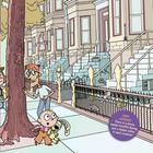 Links steht: "Search the block for 10 things that start with THE LETTER A". Eine Familie steht vor Häusern.