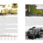 Links: "Russian and Soviet Tanks 1915–1945", "Russian Armored Car Deliveries 1914–20", "Armored Train Na Moskvu". Rechts: Beschreibung russischer Panzer und gepanzerte Autos im Ersten Weltkrieg. Tabelle zeigt Produktionszahlen. Oben rechts: grünes gepanzertes Fahrzeug. Unten rechts: schwarz-weißes Foto eines russischen Panzerwagens von 1916.