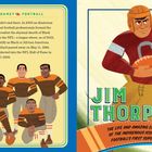 Text: "Who Got Game? Football" und "Jim Thorpe". Links: Illustration von sechs Footballspielern. Rechts: Illustration von Jim Thorpe in Football-Ausrüstung.