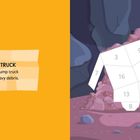 „DUMP TRUCK. A sturdy dump truck carries heavy debris.“ Links gelber Hintergrund, rechts Bauplan vor Felsen.