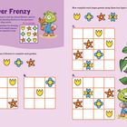 "Flower Frenzy. Aliens are coming to visit the planet Hewtor... Level 1. Ein grüner Außerirdischer gießt Pflanzen."