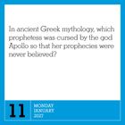 In Blau sind der 11. Januar 2027 und Montag zu sehen. Text über eine verfluchte Prophetin der griechischen Mythologie.