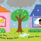 Oh Mister Sun, Sun, Mister Golden Sun, please shine down on me. Zwei Kinder schauen aus Fenstern, Regen fällt.