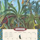 Illustration eines Kalenders mit "January" und Wochentagen. Bunte Vogel- und Pflanzenmotive im Hintergrund.
