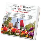 Text: "SATURDAY 24 APRIL 2027", "SUNDAY 25 APRIL 2027", "Global Intelligence", Frage über Keukenhof Gardens, Tulpenumfeld, Windmühle.