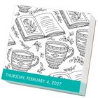 Text: "Thursday, February 4, 2027". Illustration mit Büchern, Tassen und Blattmustern.