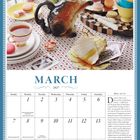 Der Text zeigt: März 2027, Kalender mit Feiertagen. Zitat von Lewis Carroll. Bild zeigt Teetafel mit Blumen und Macarons.