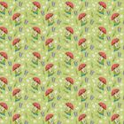 Illustration mit wiederholten Motiven: Frosch unter Fliegenpilz, Wiesenblumen und bunte Eimer auf grünem Hintergrund.