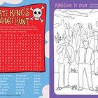 Links: Wörterrätsel "PIRATE KING'S TREASURE HUNT". Rechts: Ausmalbild mit jungen Männern in Wüstenlandschaft.