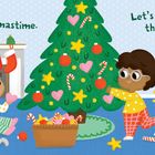 Ein Weihnachtsbaum wird von fröhlichen Kindern dekoriert, daneben ein Kamin mit roten Socken. Ein Kätzchen liegt am Boden.