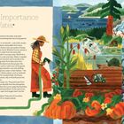 "The Importance of Water" steht oben links. Bunte Illustration einer Landschaft mit Pflanzen, Tieren und einer Gärtnerin.